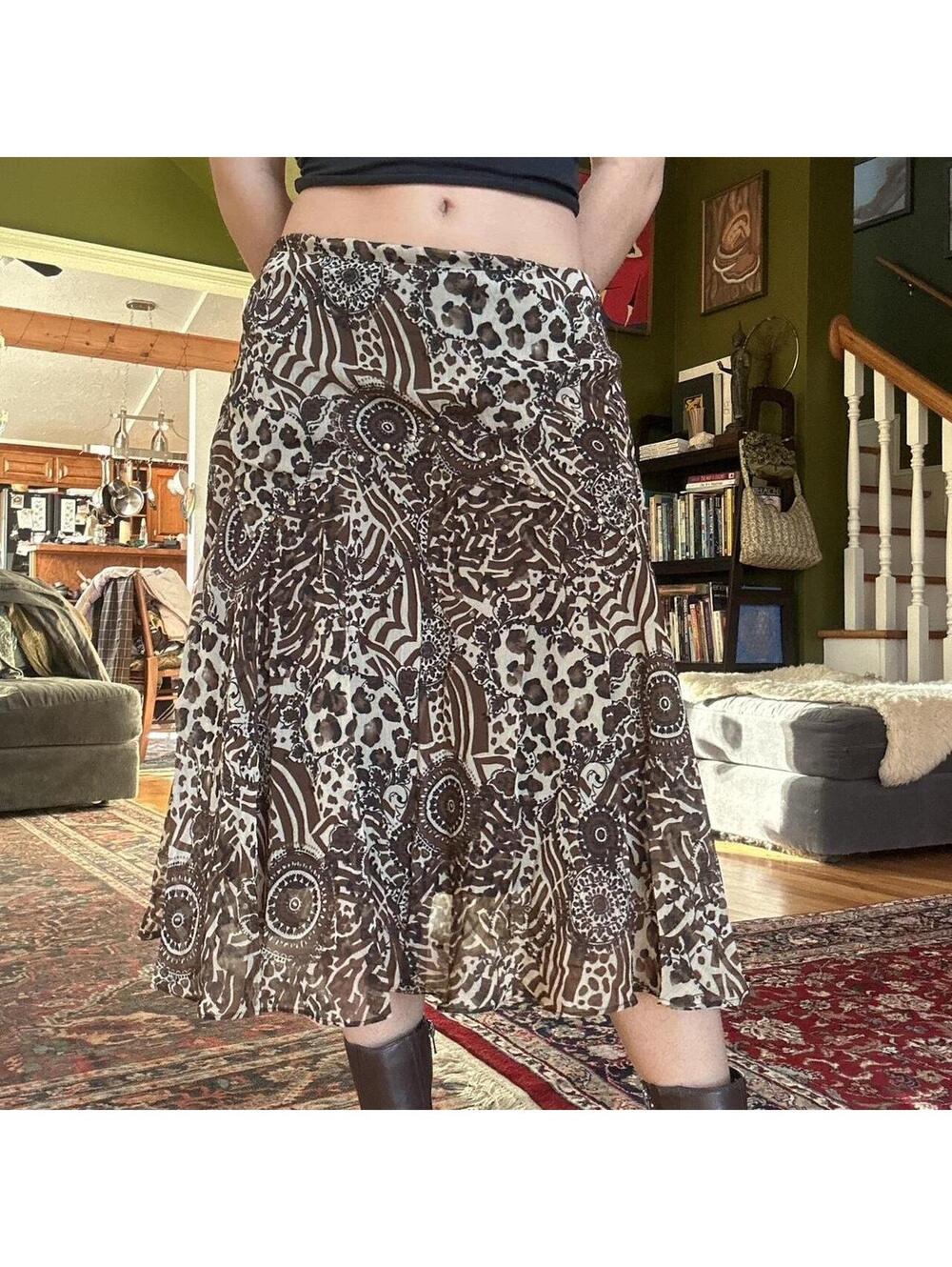 For the Republic Brown Multi Animal Print Bohemian Y2K Skirt Size 6